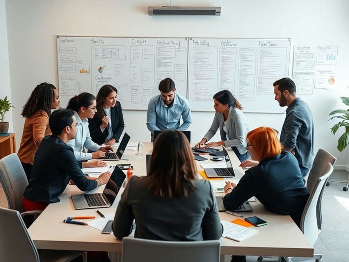 Líder de ventas trabajando con su equipo comercial frente a una pizarra