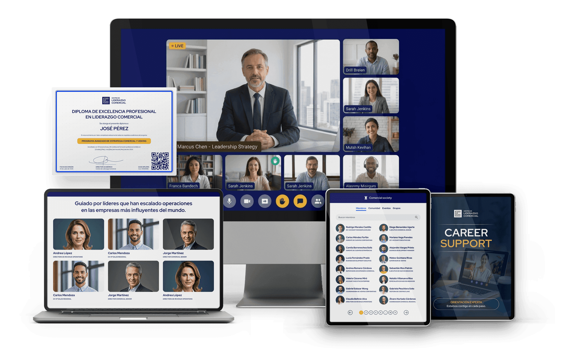 La plataforma CLC en laptop, tablet y móvil con una clase en vivo, el diploma y el Career Support